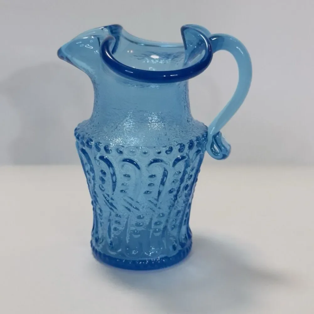 Pitcher Jug Kanawha Ice Colonial Blue Glass Mini UV Raised Loop Swirl Dots Wavy